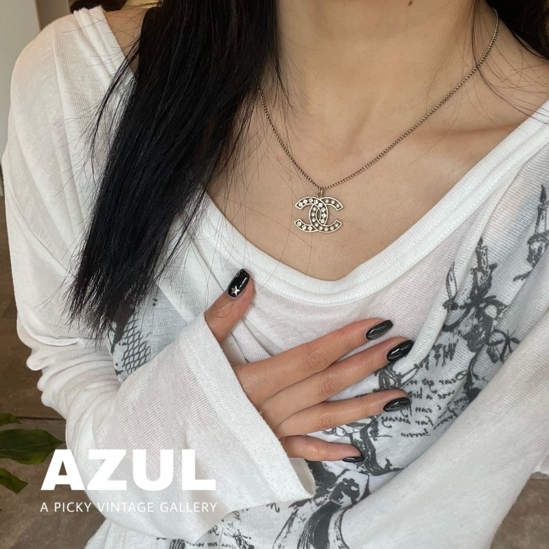 95新 Chanel/香奈儿 Azul-14B浅金色珍珠拼钻双C项链51991