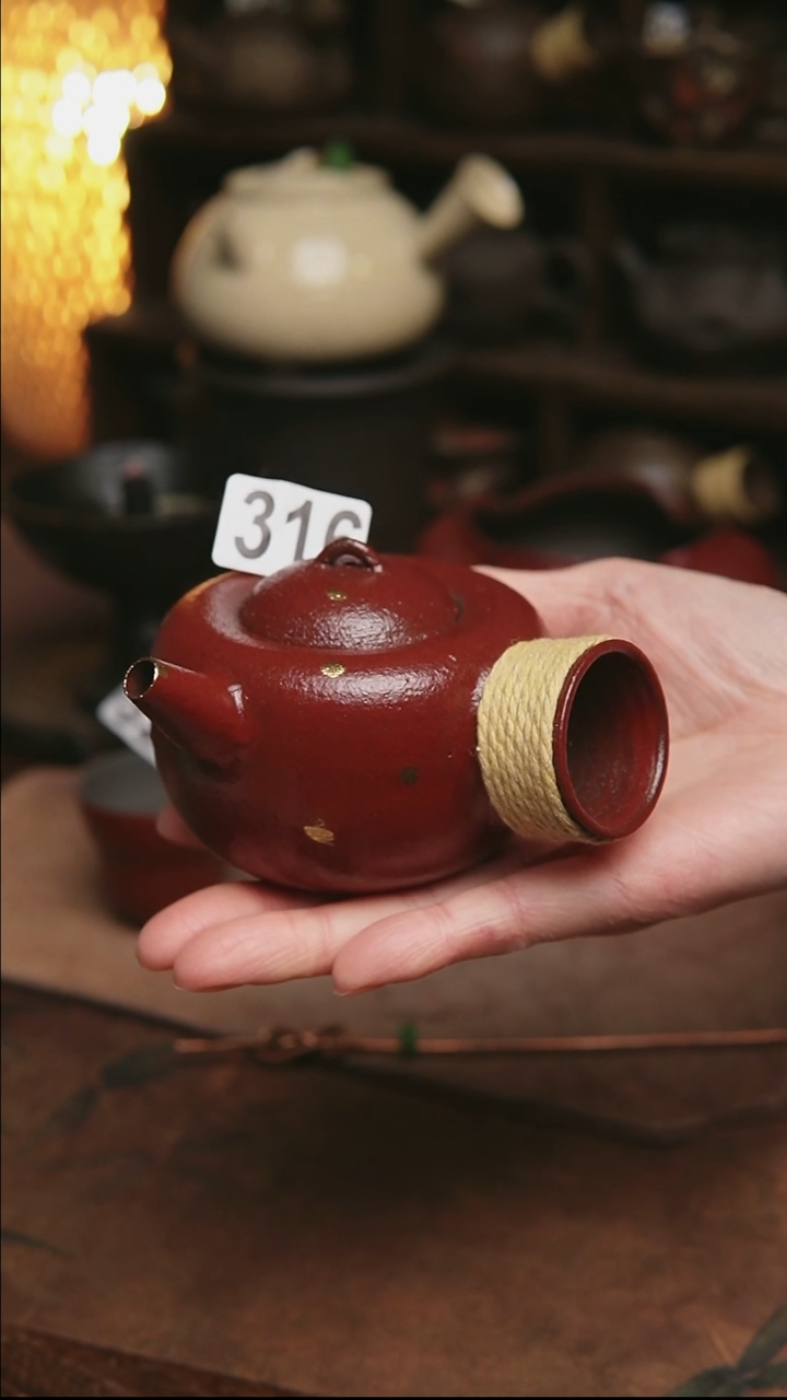 316号紫砂全手红金侧把茶壶160毫升