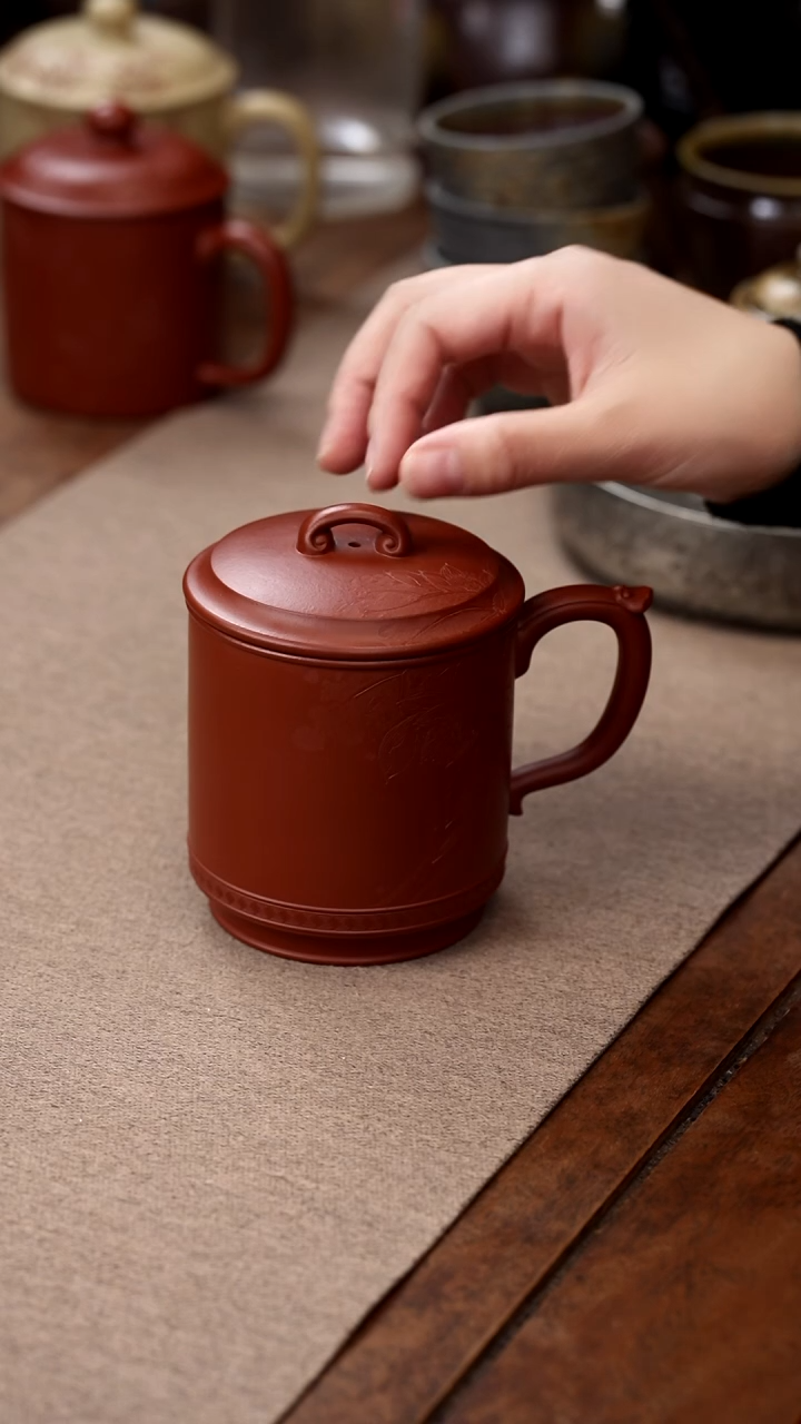 茶壶紫砂李建军刻绘朱泥莲花盖杯