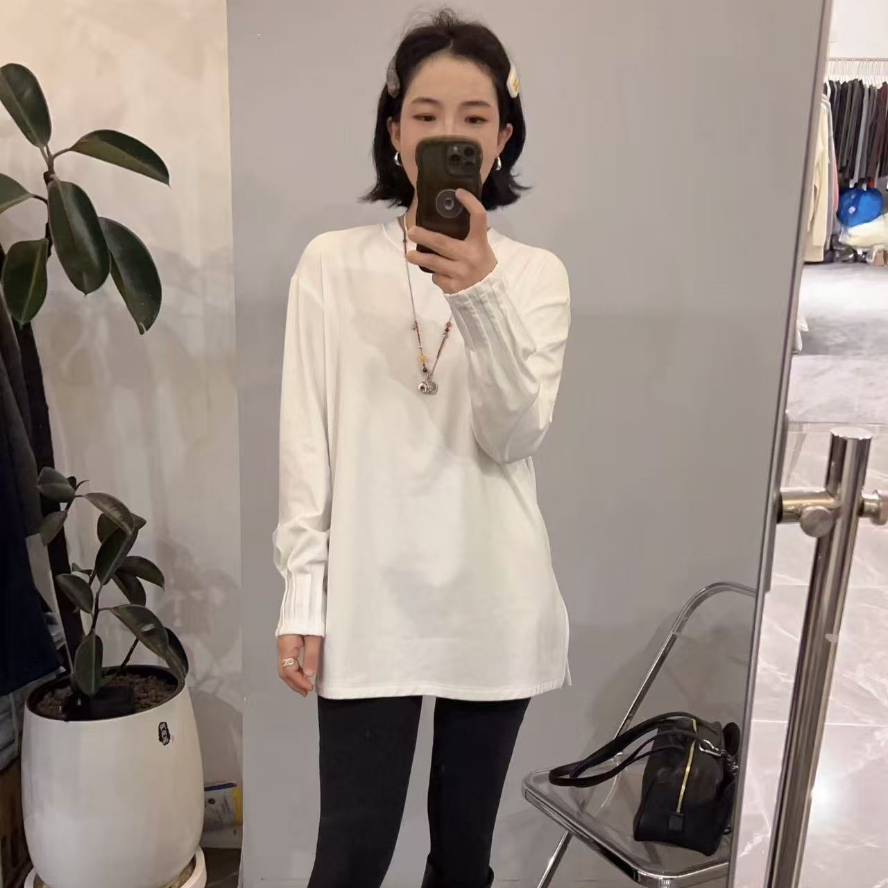 长袖休闲风女长款T恤打底衫加磨毛