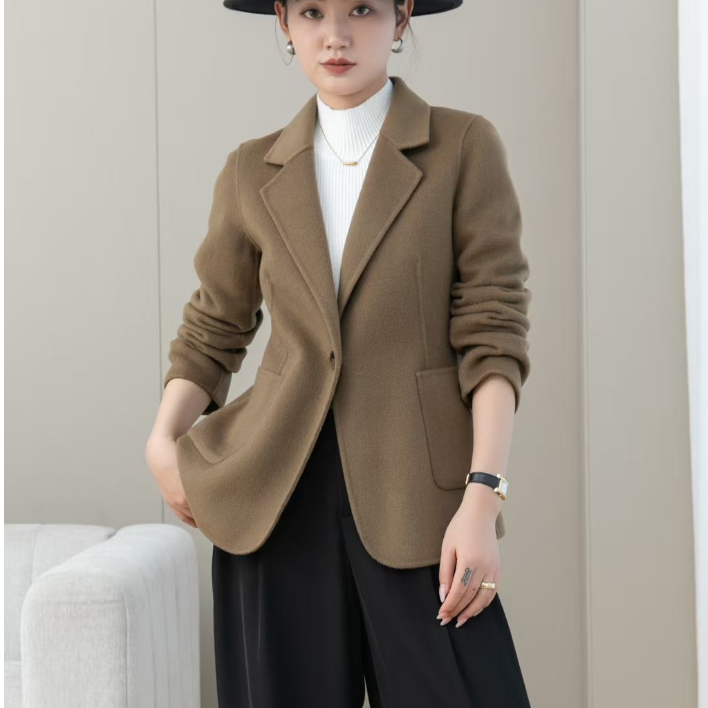 【夏樱之雨】100%绵羊毛一粒扣羊毛女士百搭双面西装短款外套