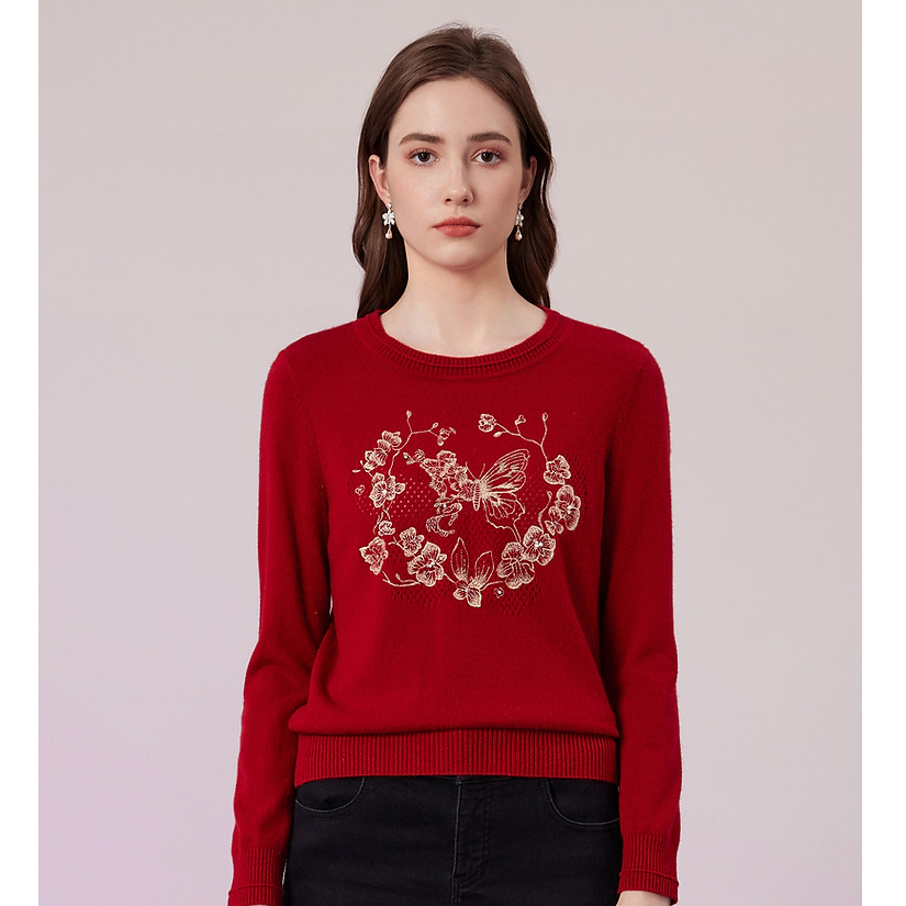 【晨粉专享价】喜庆金丝线刺绣针织小衫百搭气质红色针织衫冬季