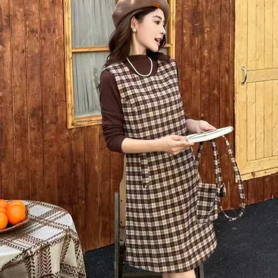 【有包包】时尚套装女秋冬新款毛呢背带连衣裙内搭t恤两件套#838