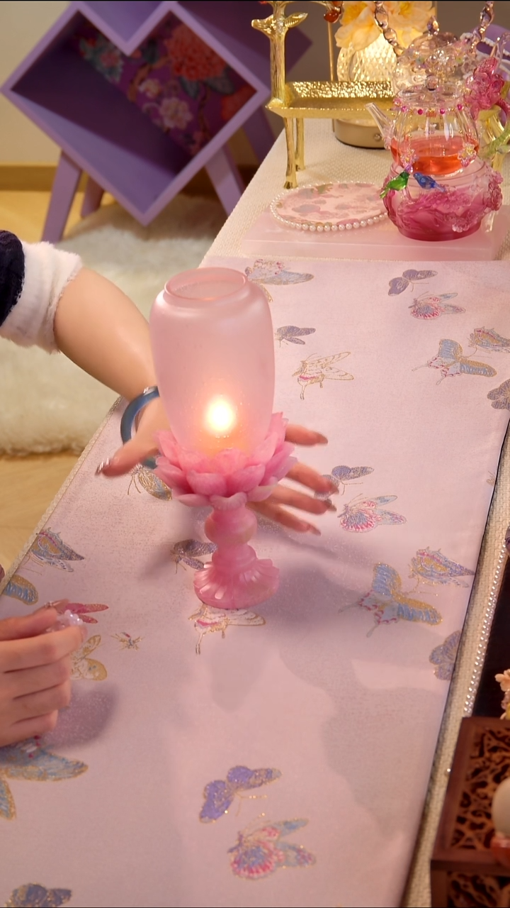 卡普拉古法琉璃 粉绿宝莲烛台