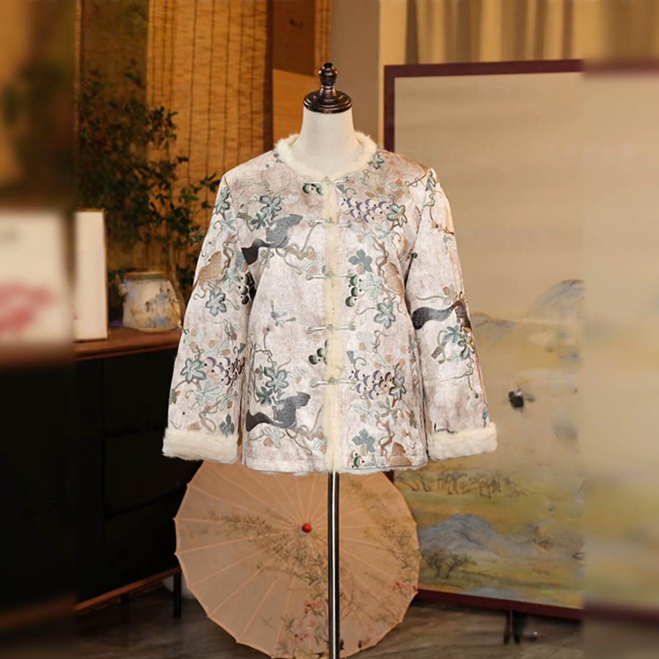 【小松鼠】大象灰双面穿水貂绒新中式刺绣国风双面加厚外套保暖