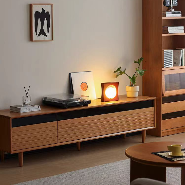 北欧实木原木电视柜玻璃日式简约现代影音柜樱桃木客厅小户型边柜