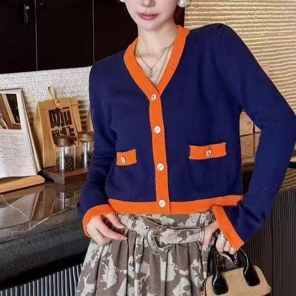 99新 Chanel/香奈儿 藏蓝拼橘色针织开衫 40码