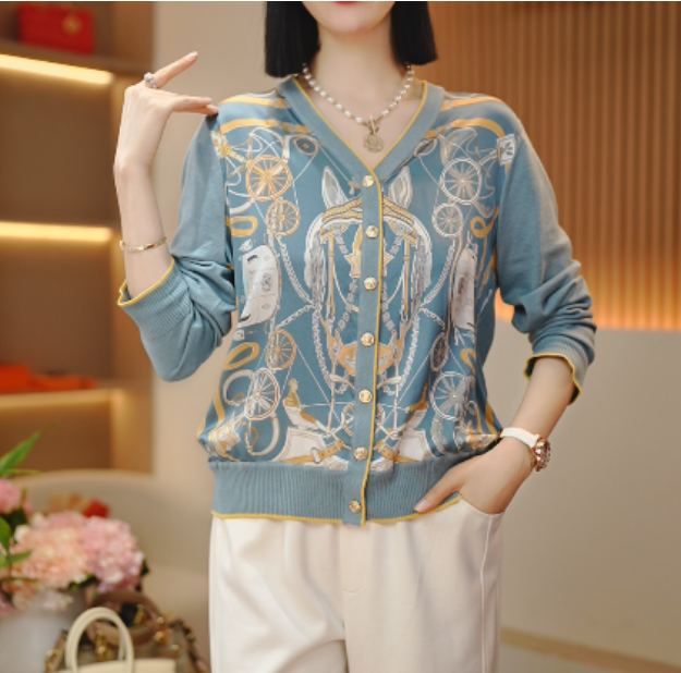 2025春季新品长袖休闲女士复古印花百搭洋气显瘦拼色外套-273蓝