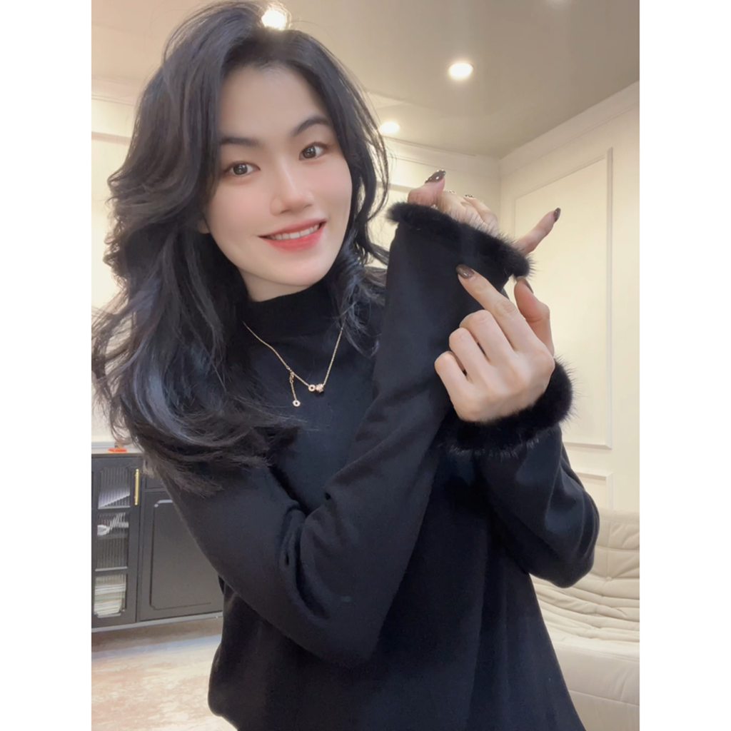 加绒/不加绒【毛毛袖口】秋冬新款气质高级感打底衫女T恤毛边上衣