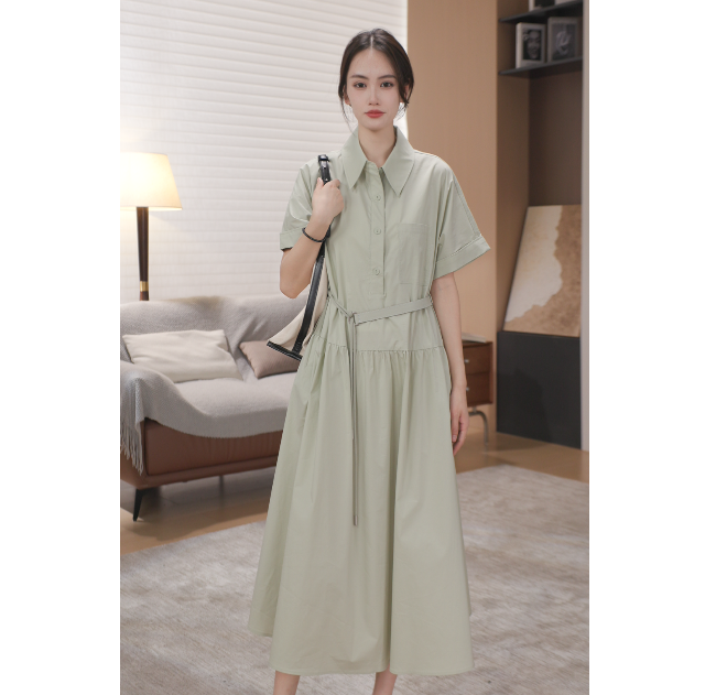 纯色POLO领连衣裙衬衫领女长裙基本款长裙通勤风百搭气质复古显瘦