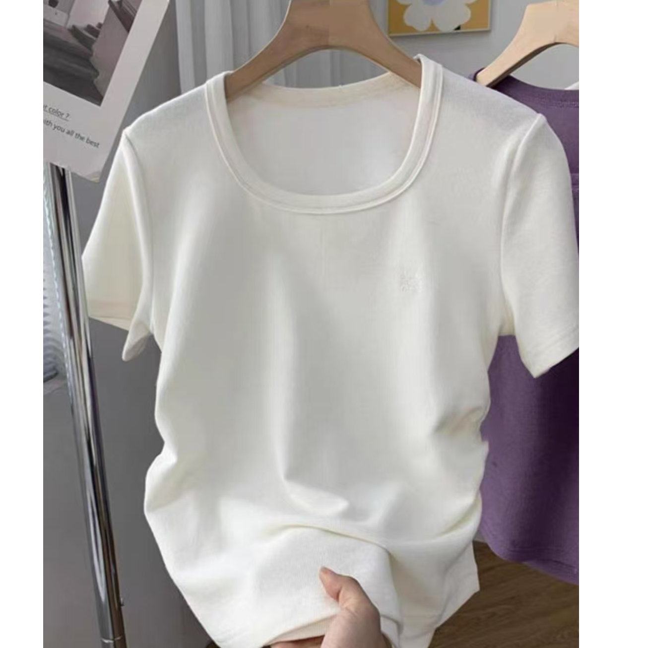 8660-（福）侧边褶皱修身T恤（白色）