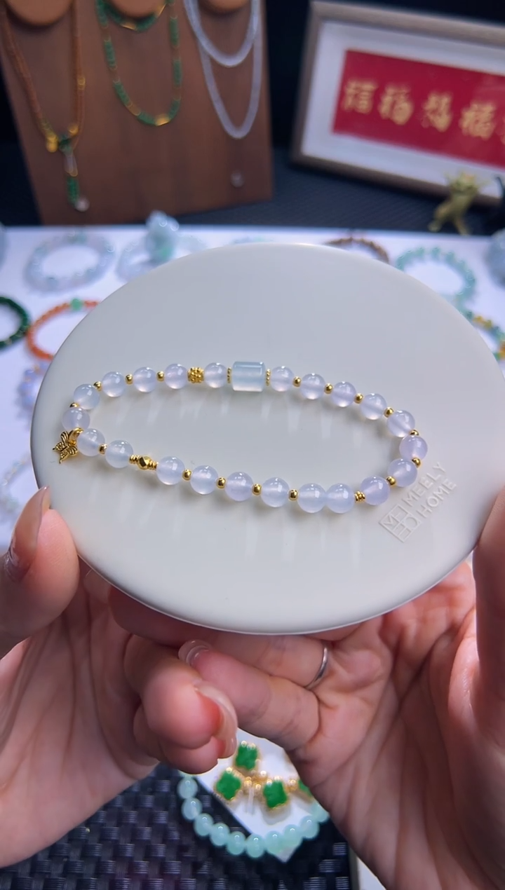 足金镶嵌手串翡翠正冰茅台白设计款！卡6圆珠白雪公主！时尚百搭！