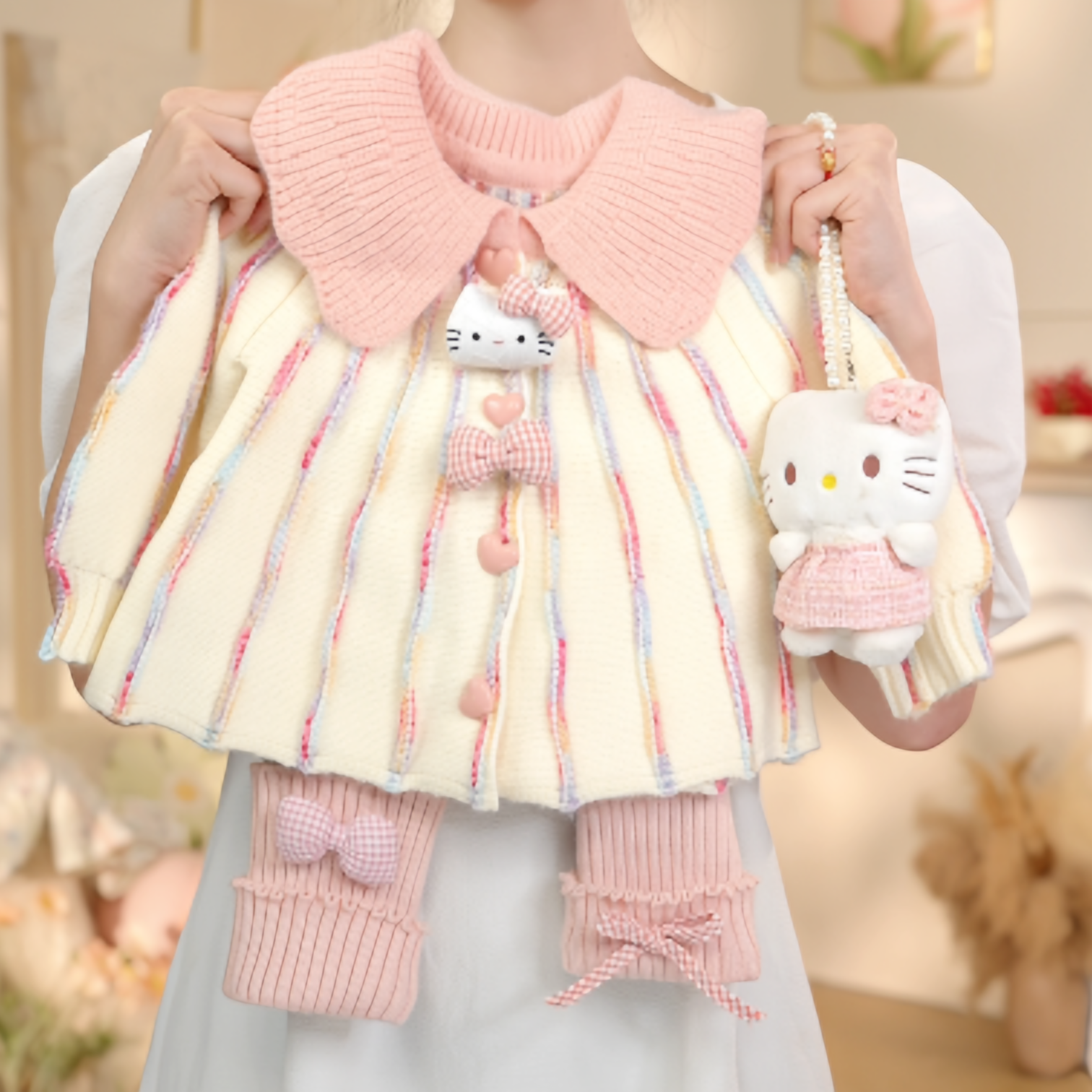 【现货】2025年秋冬新款女童可爱彩虹立体猫咪娃娃衫毛衣套装008