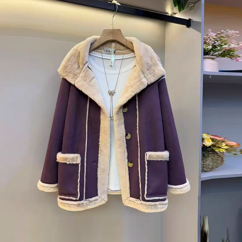 胖MM冬季新款仙女风INS风保暖女短外套百搭洋气皮毛一体大码女装