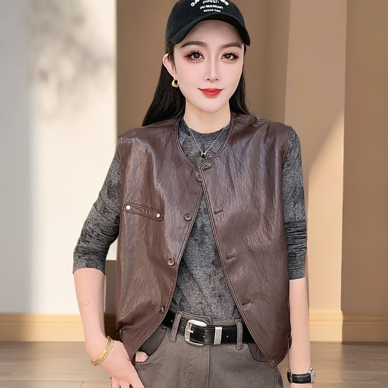 【众帆女装2】秋款时尚个性百搭气质洋气短款休闲水洗皮马甲