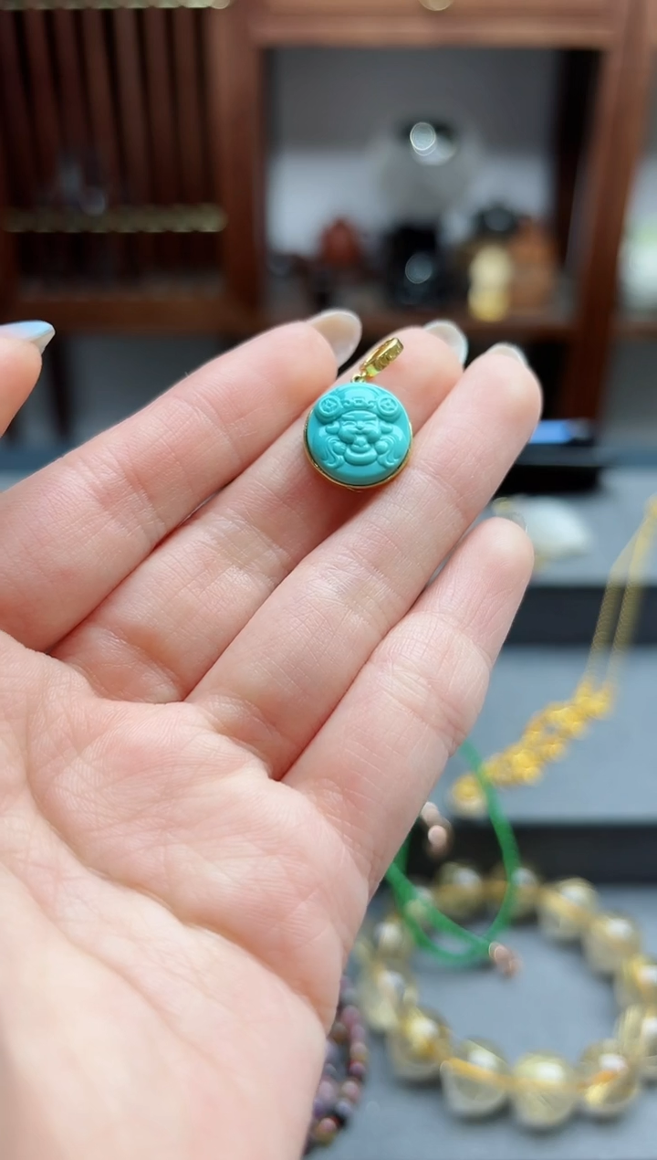 【闪购商品】绿松石吊坠18K金镶嵌18k金松石财神吊坠 WY赠链