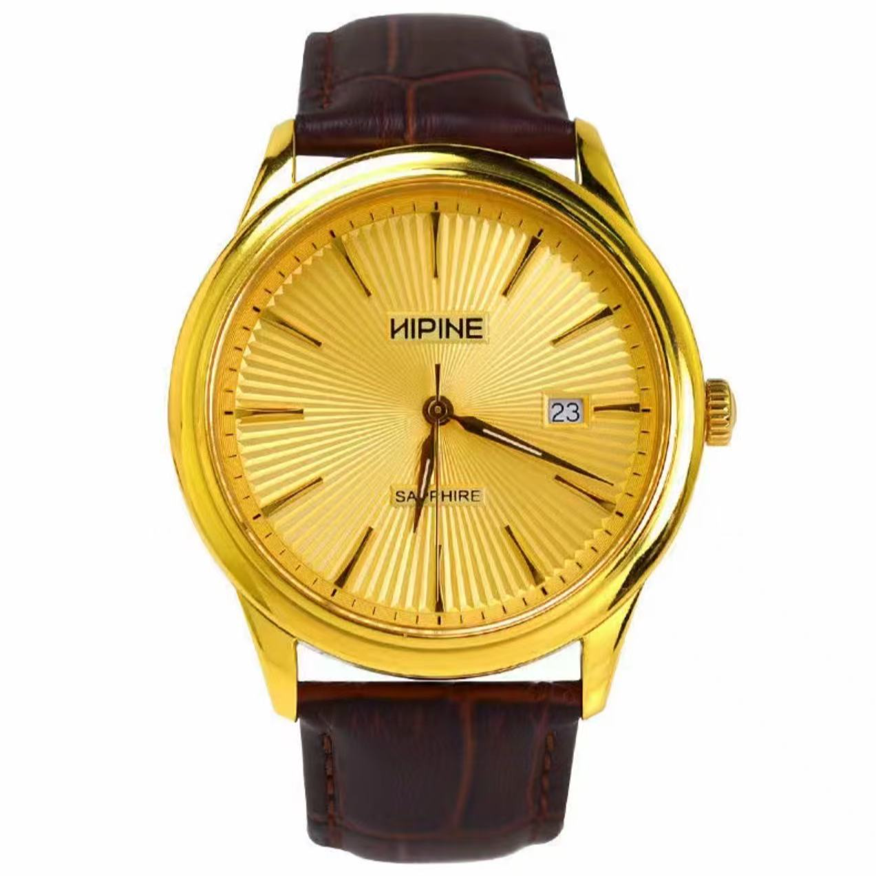 男士黄金腕表石英机芯真皮表带时尚百搭商务腕表防水