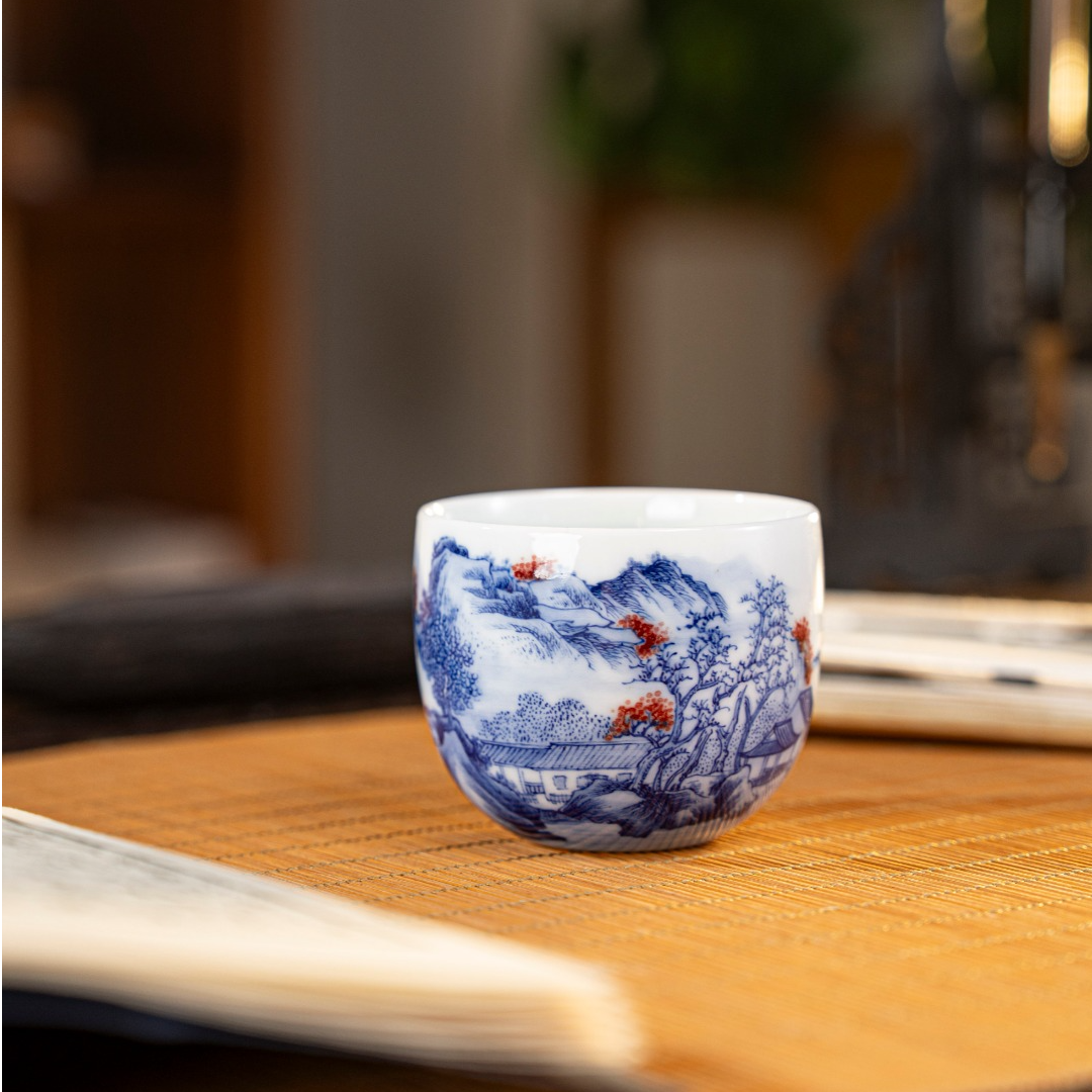 【小乔赏瓷】画堂春釉里红山水小鸡缸杯htc1423