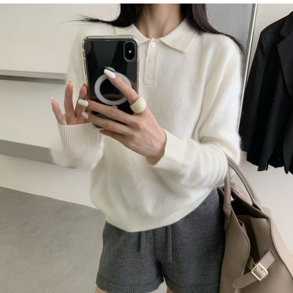 【亦菲me】套头纯色简约毛针织衫百搭polo领拉绒衫SY5637