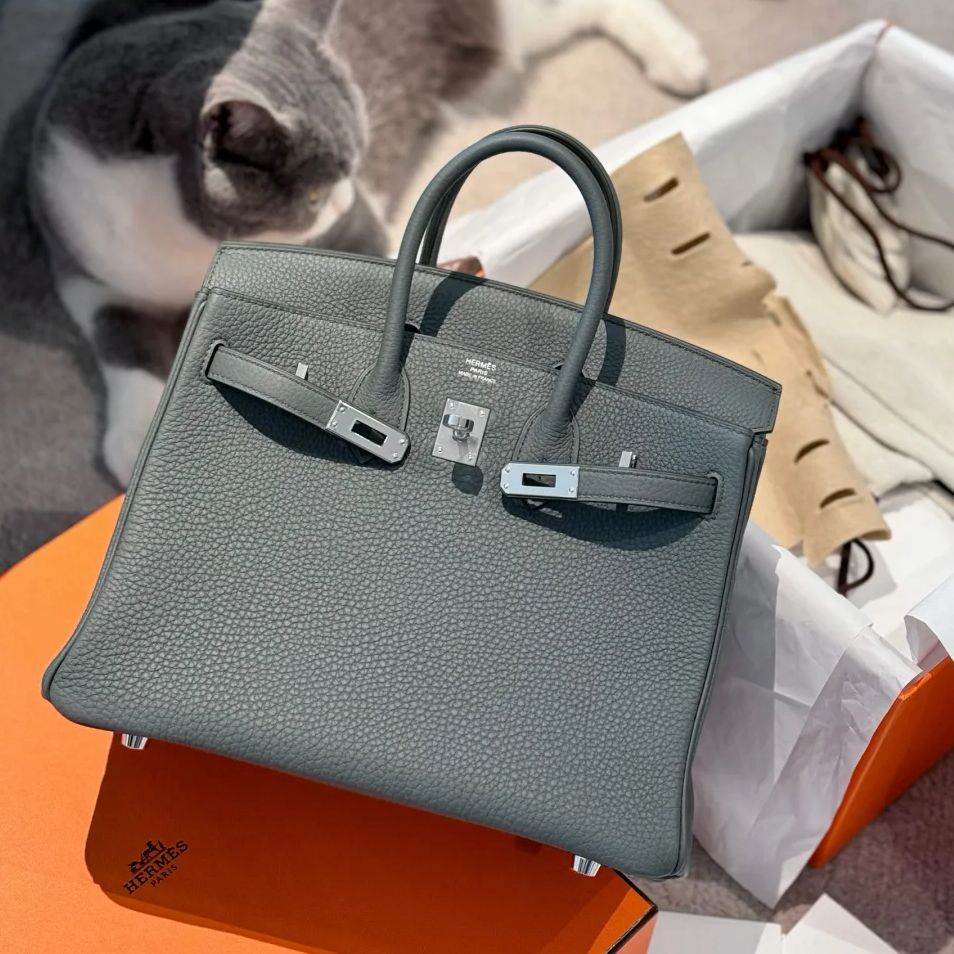 99新 Hermes/爱马仕 小花柳 birkin 25 杏仁绿 togo皮 B刻银扣包