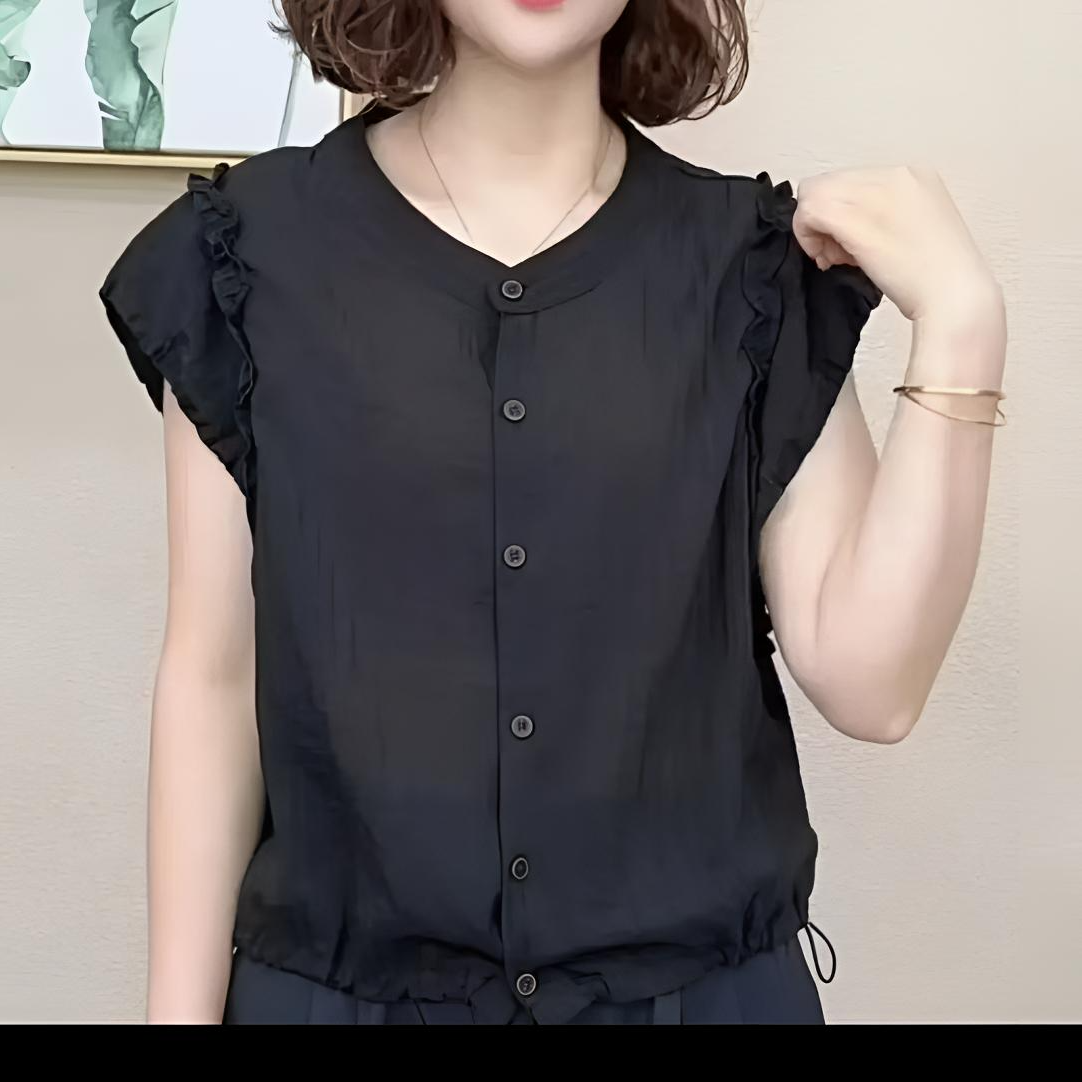 纽扣无袖拼接圆领常规休闲风T恤宽松气质流浪丹宁风