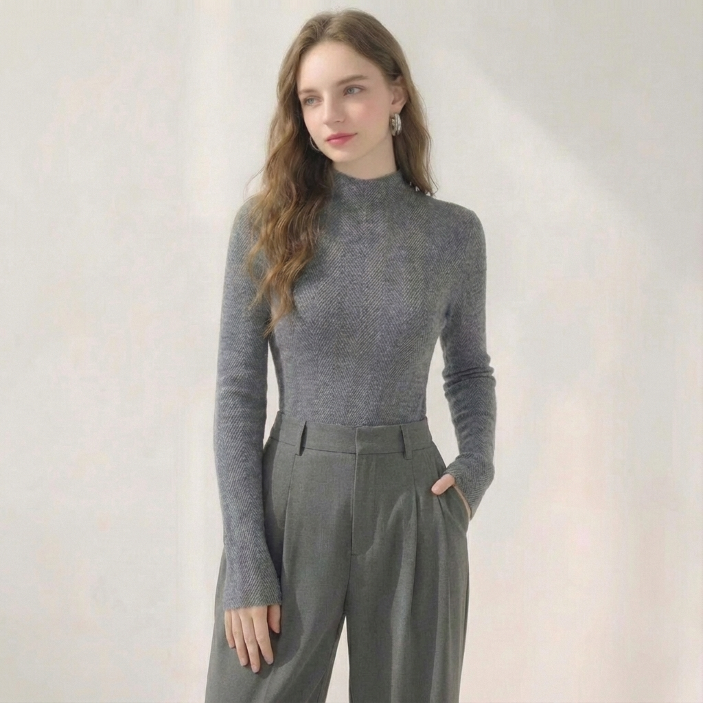 雪飞绒｜100精纺全羊毛秀场水波纹针织衫女秋冬半高领长袖打底毛衣