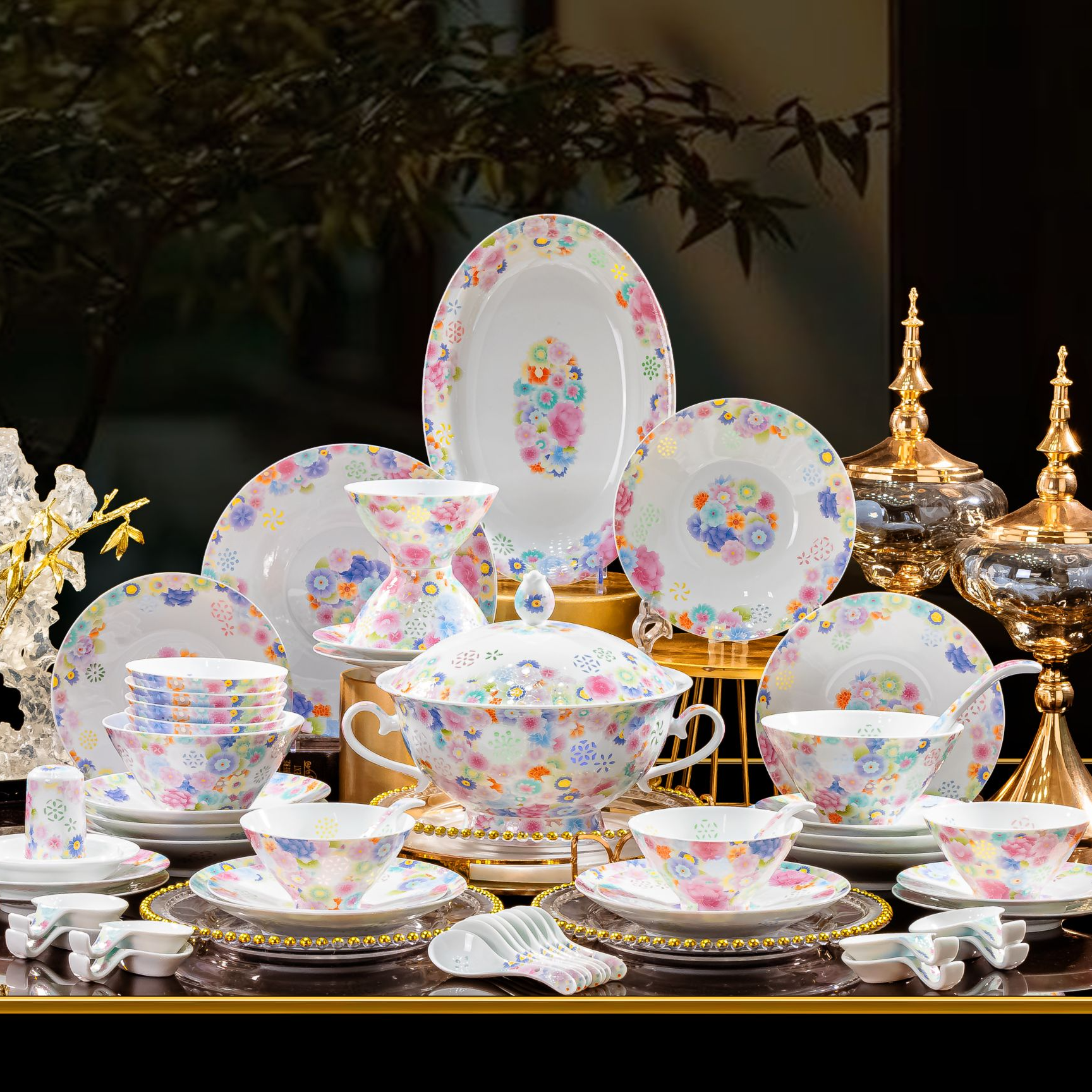 景德镇中国风万花玲珑珐琅彩80头餐具套装碗盘碟子高档结婚送礼