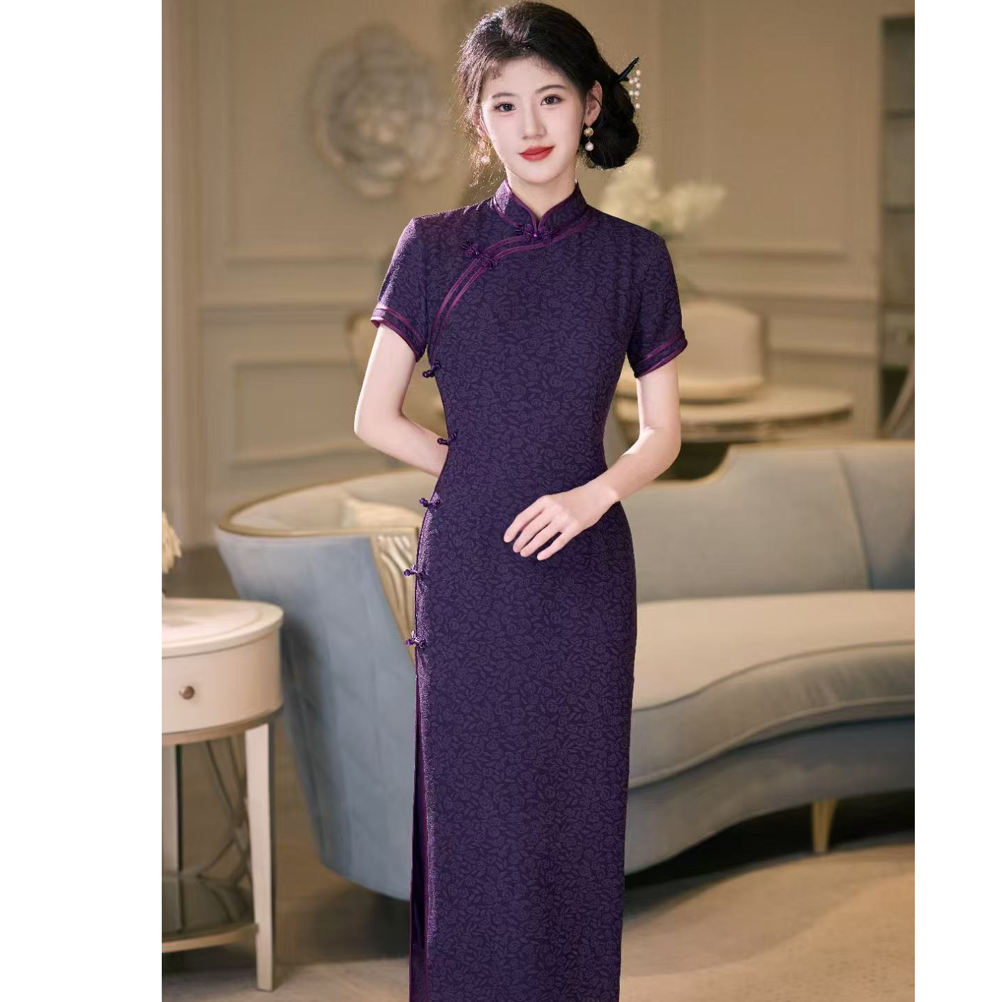 【清末】改良纯色提花中式旗袍长裙优雅ins日常中国风立领旗袍短袖