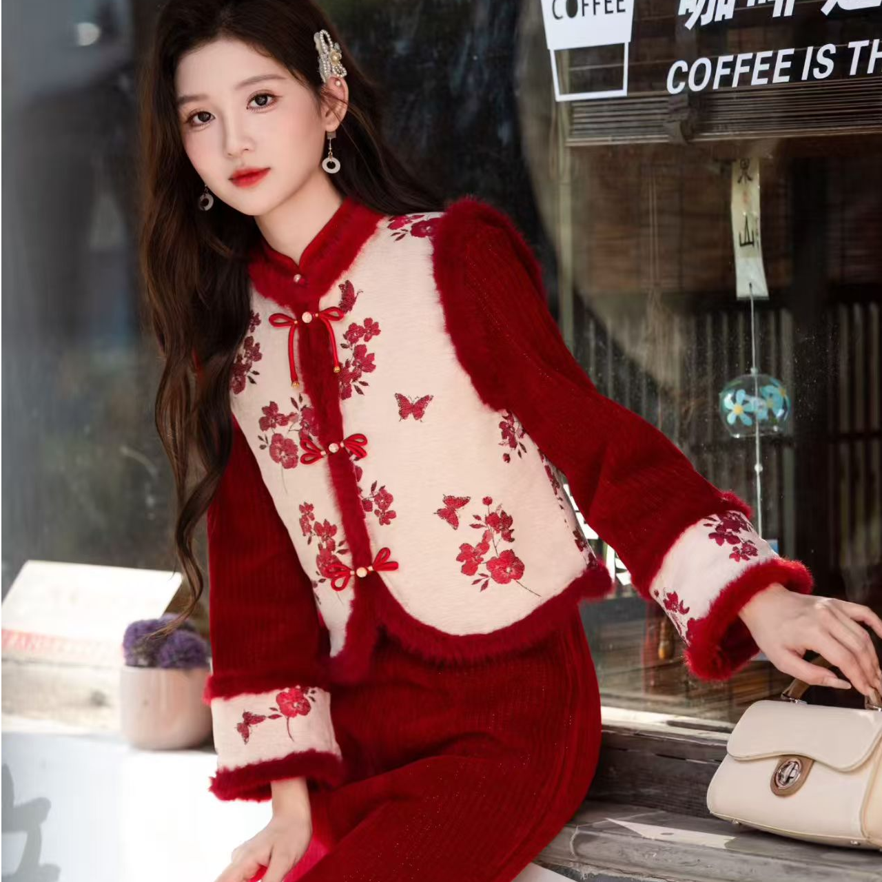 红色两件套改良复古显瘦高级感新中式加绒加厚连衣裙敬酒服拜你服