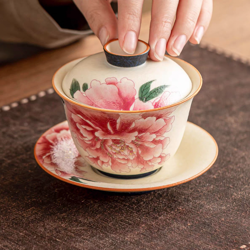 牡丹花青花火石红三才盖碗复古陶瓷家用功夫茶具带盖泡茶碗