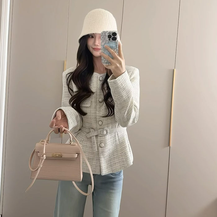 2025春秋小香风欧美新款时尚腰带纹理外套气质休闲女装短外套