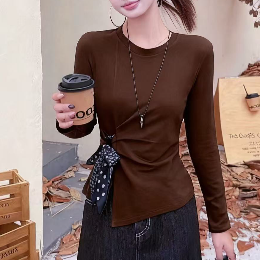 秋季新款时尚长袖不规则系带T恤女气质褶皱显瘦上衣5852#衣长54