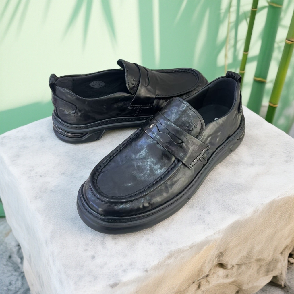 蜘蛛王男士皮鞋商务通勤平底黑色休闲鞋豆豆鞋一脚蹬皮鞋