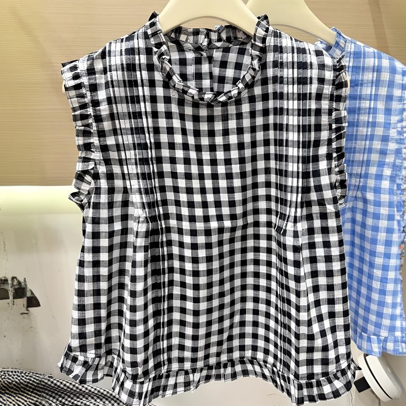 2025夏季新款韩版时尚圆领木耳边格子无袖衬衫女显瘦百搭上衣潮