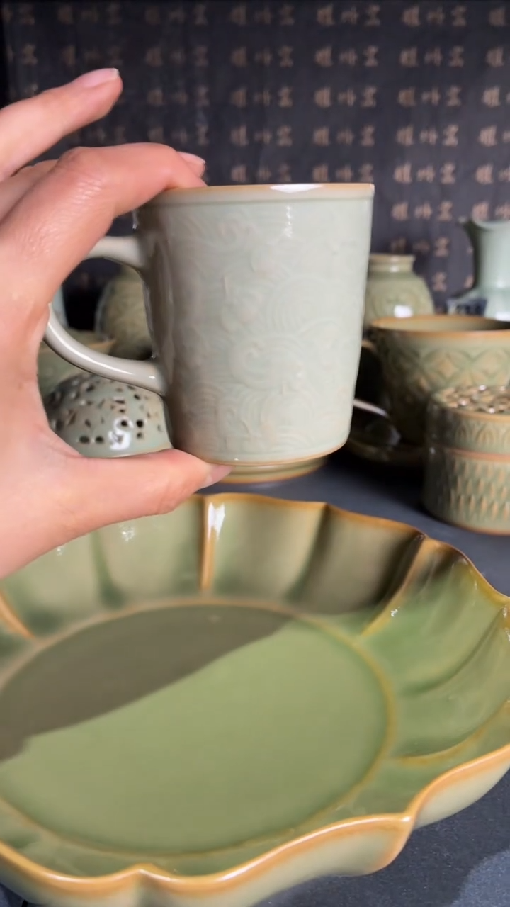 耀州窑仰山天青落花流水咖啡杯无盖