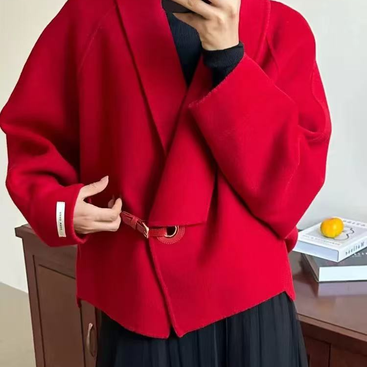 A62双面大衣女2024新款秋冬红色斗篷披肩韩系短款呢外套
