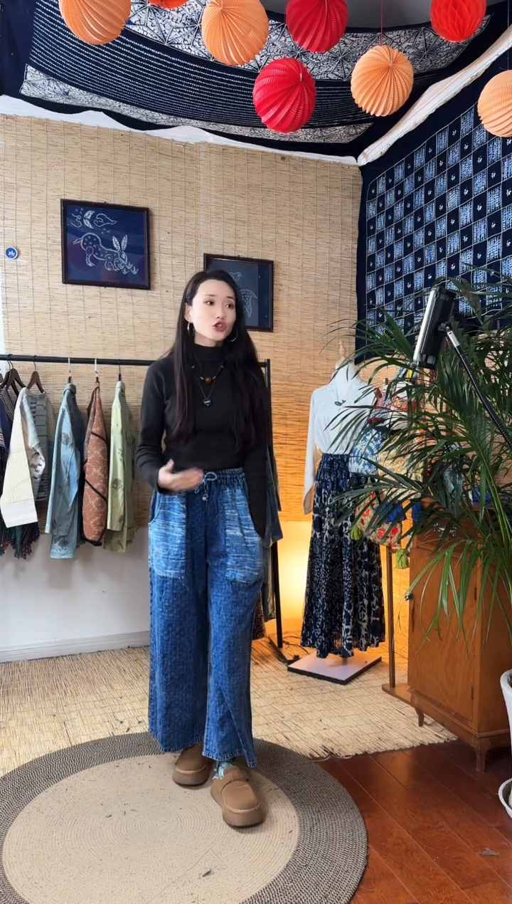 【闪购商品】设计师款蓝染阔腿裤拓印