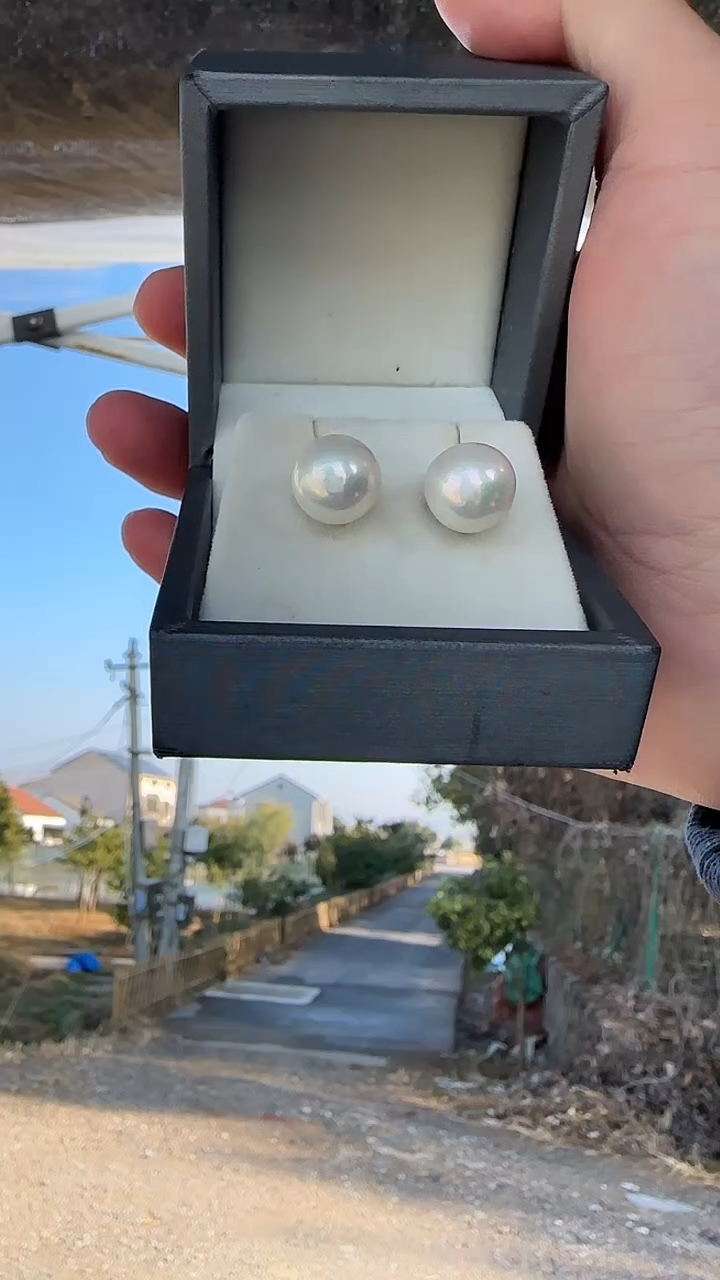 银S925镶嵌耳饰淡水珍珠11-12m 正圆 天然淡水珍珠