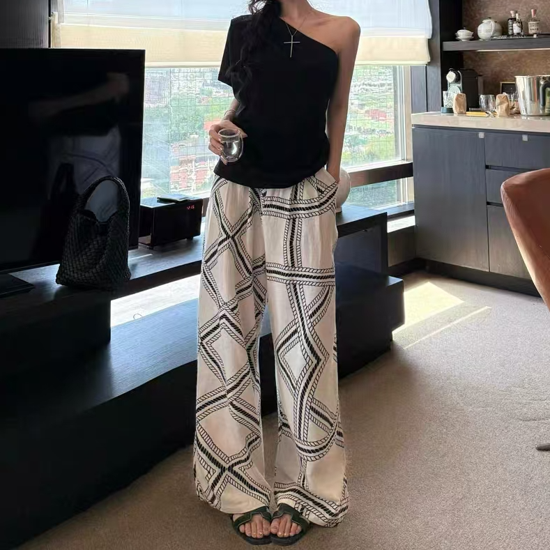 【早拍早发+运费险】时尚不规则女夏季麻料高腰显瘦撞色格子休闲裤
