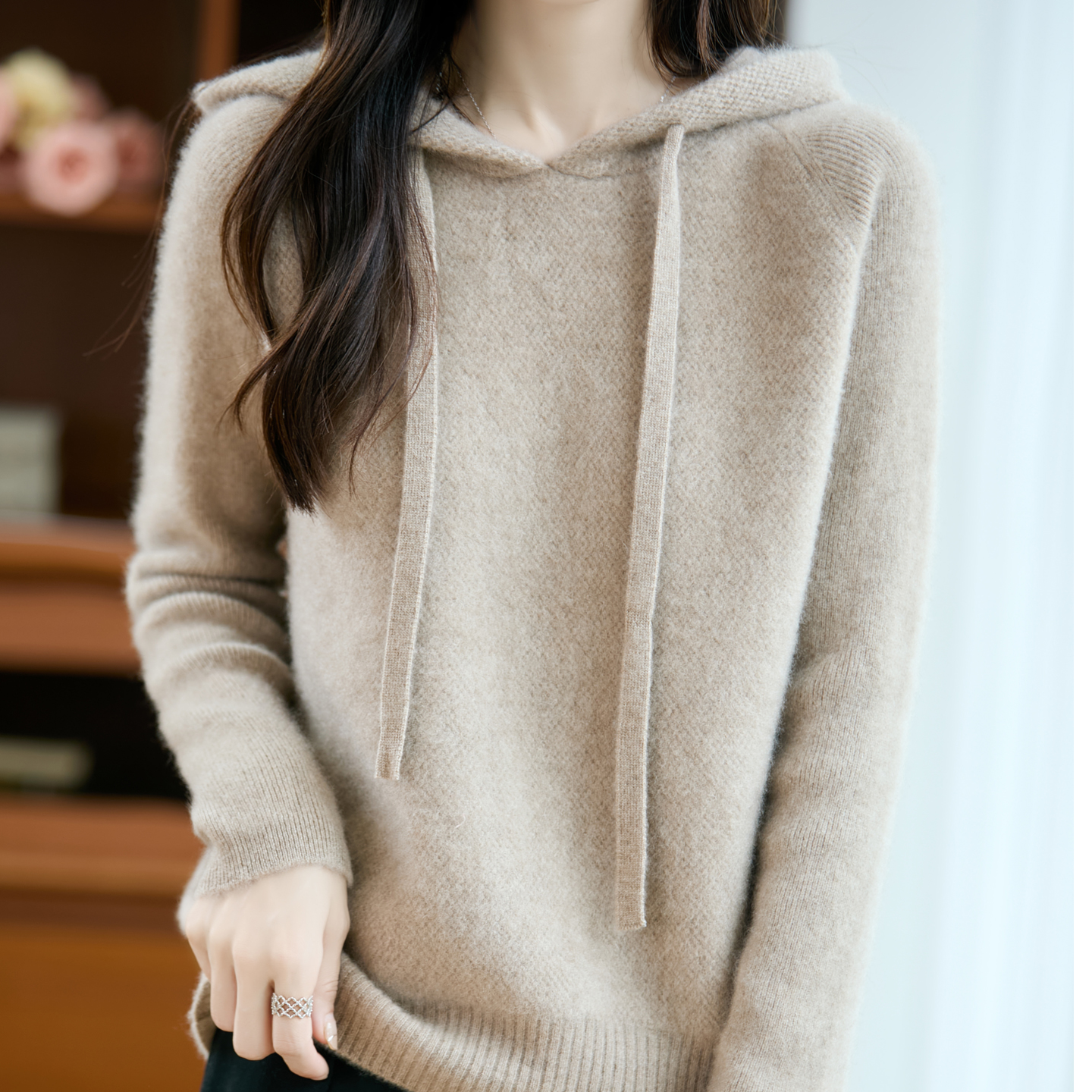 羊毛帽衫纯色加厚宽松女衫毛针织衫通勤连帽毛衣针织衫R853