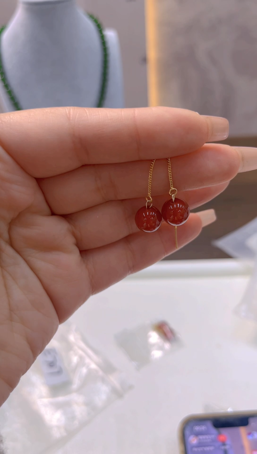 银S925镀金镶嵌南红玛瑙耳饰E707