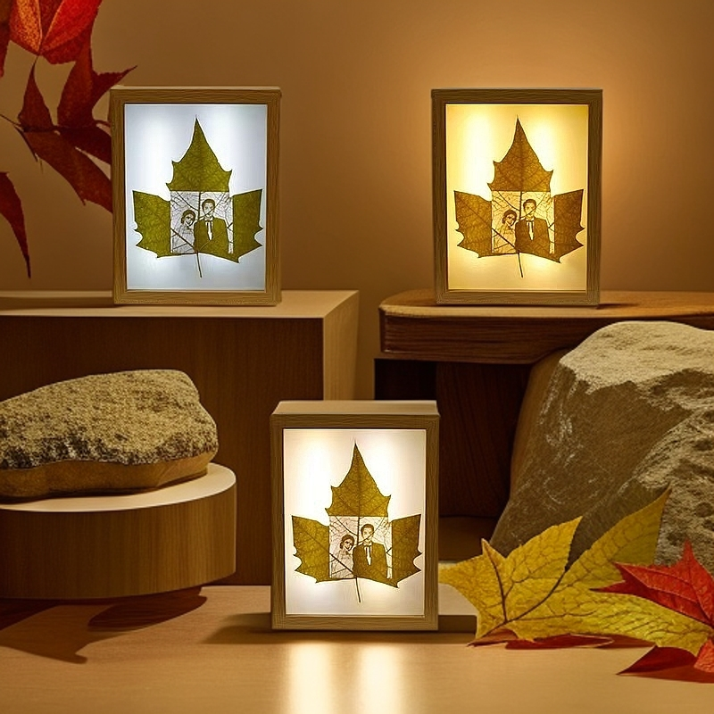 照片定制梧桐叶10寸带相框精美叶三色变光充电款创意摆设木质旋转