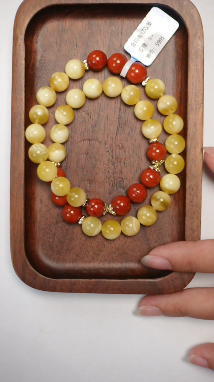 【闪购商品】琥珀手链未镶嵌金白南红双圈9mm