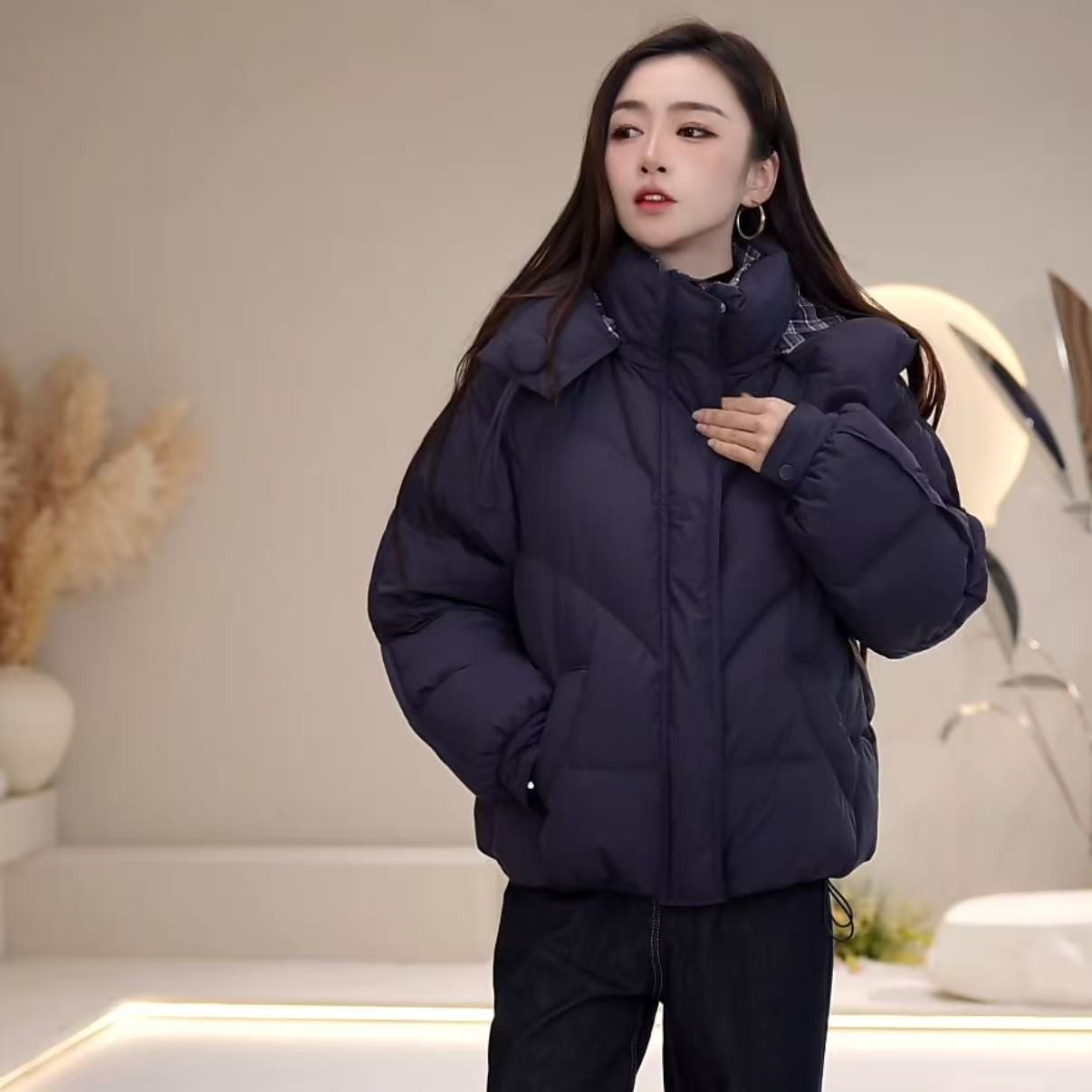 休闲风连帽拉链立领常规插肩袖薄款ins保暖加厚网红