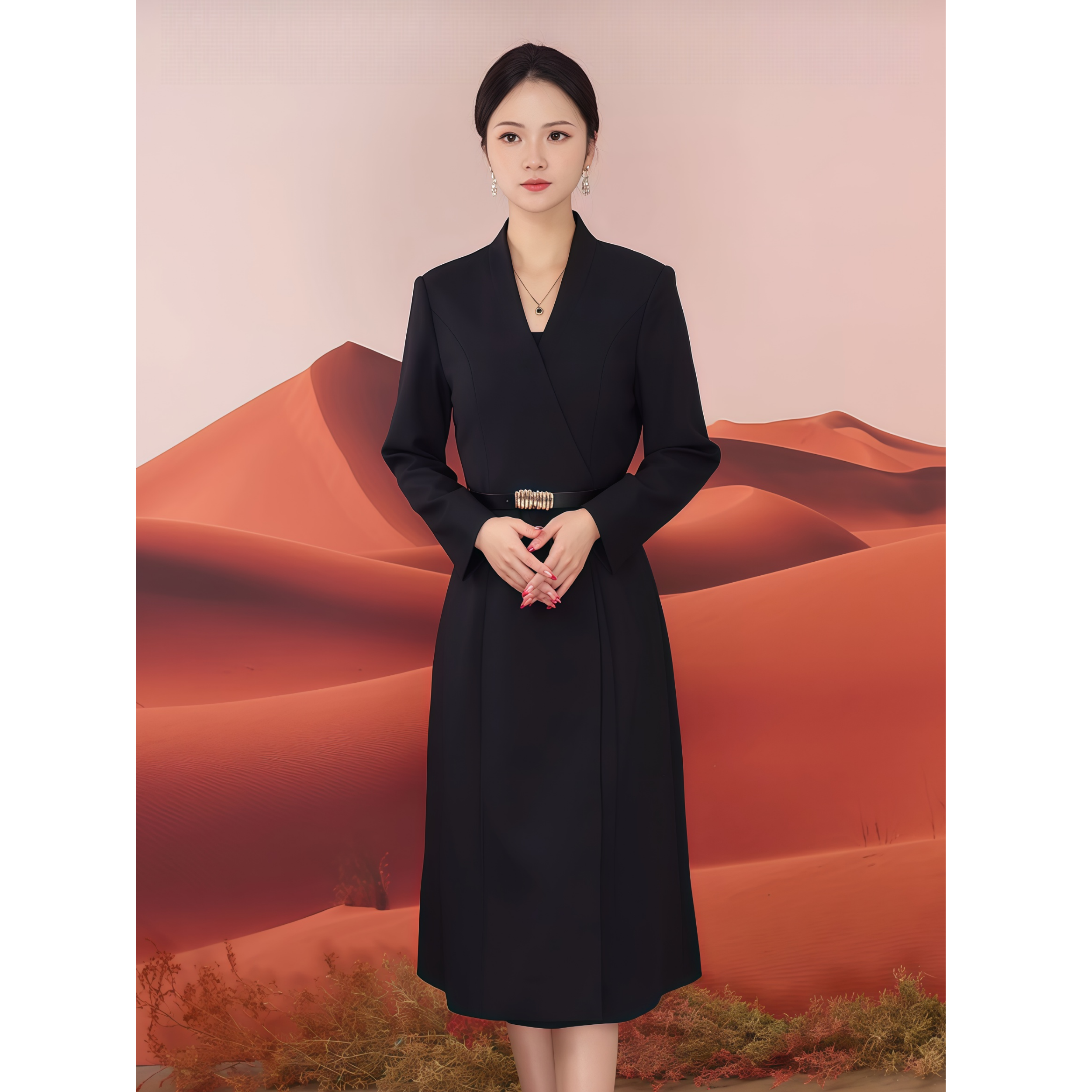 2025新款深藏青轻职业风连衣裙女春秋冬长袖收腰显瘦通勤正式场合