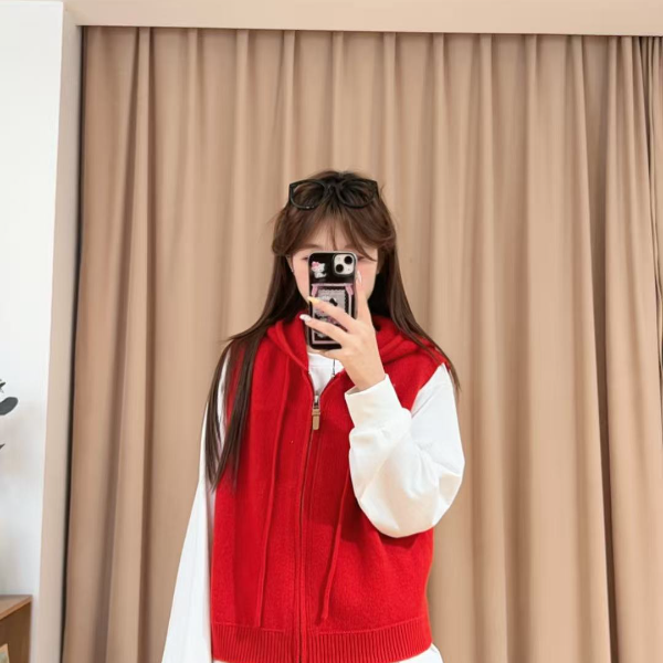 85724余小鱼【百搭马甲】两色连帽抽绳拉链百搭秋冬毛衣马甲女装