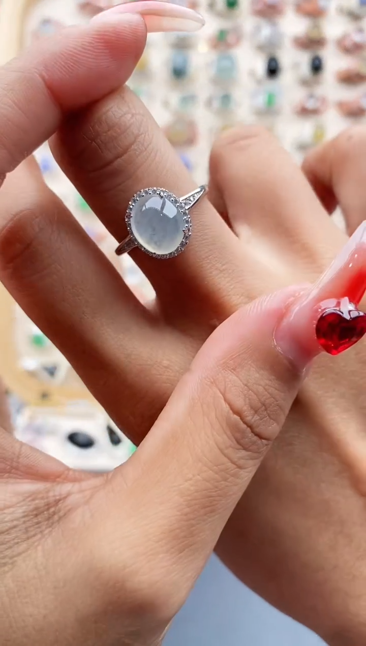 【闪购商品】翡翠戒指银S925镶嵌缅甸天然A货翡翠333  10+7