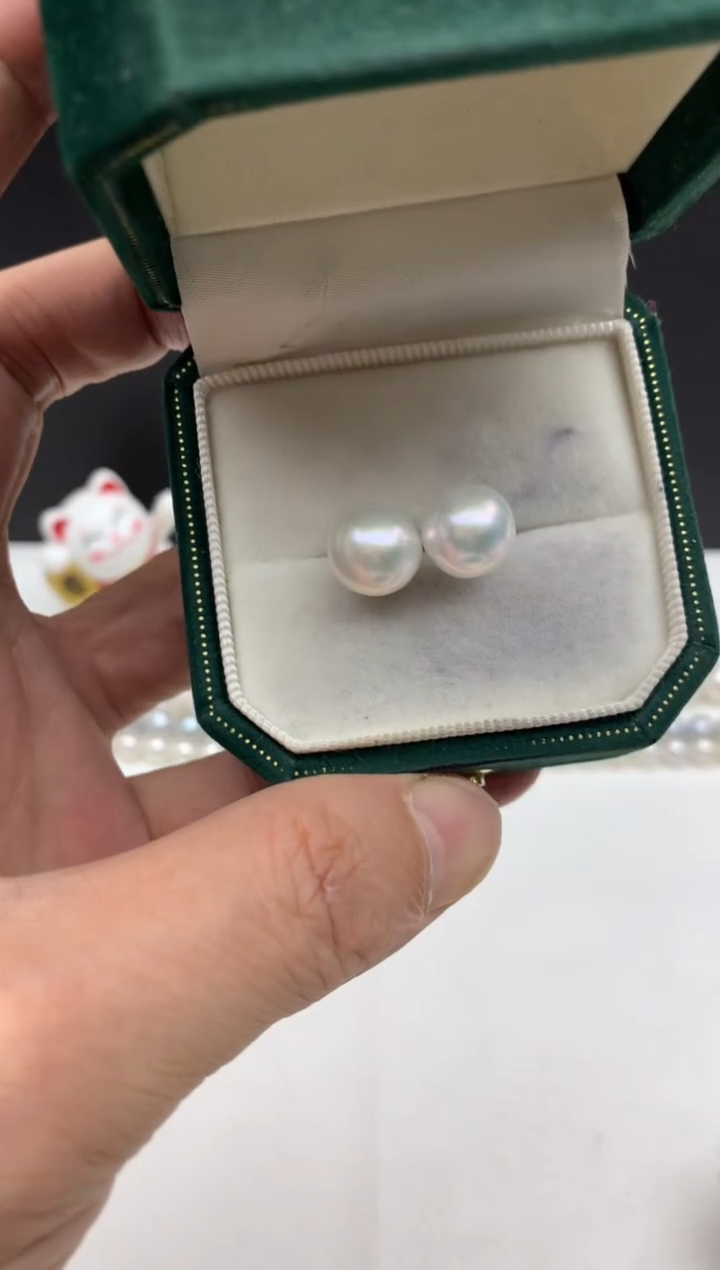 铂Pt950镶嵌ff淡水珍珠白珠耳饰10~11mm