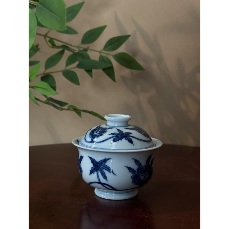 A425【景墨春风柴窑】手工手绘青花萱草花布袋盖碗容量盖下100ml