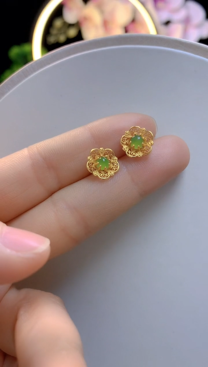 【闪购商品】和田玉耳钉银S925镶嵌碧玉花花耳钉